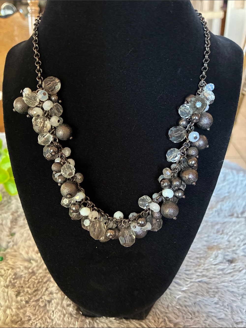 LOFT Metallic Cluster Necklace in Gunmetal and Clear